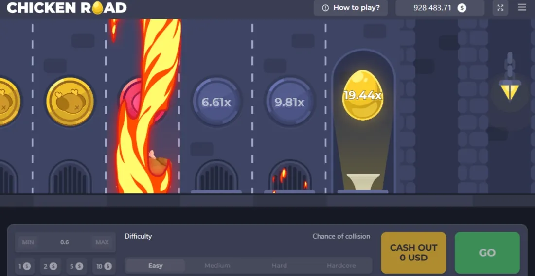Schermata di Chicken Road con i moltiplicatori sulle corsie, la scelta del livello e i pulsanti Cash out e Go